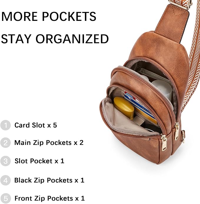 BOSTANTEN Sling Bag for Women Leather Crossbody Bags Fanny Pack Chest Bag for Travel | Adjustable Wide Strap, Small, Anti Theft, Lightweight, Multi Pockets and Carrying Way, Card Slot, Cute Trendy for Everyday