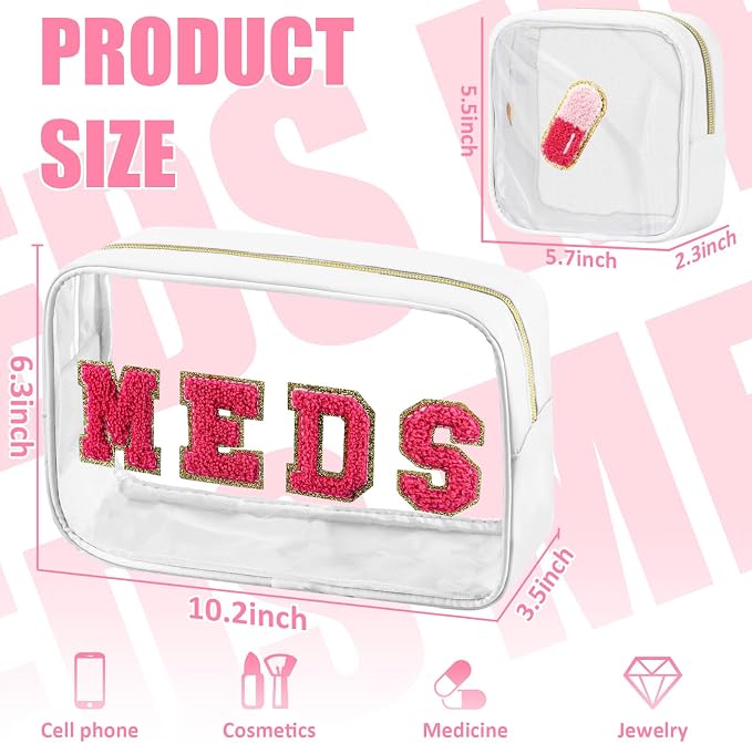 BuyCard 2 Pcs Medicine Chenille Letter Bag Preppy Clear Makeup Meds Bag for Travel Nylon & PVC Transparent Cosmetic Bag Preppy Patch Toiletry Storage for Women Girls White