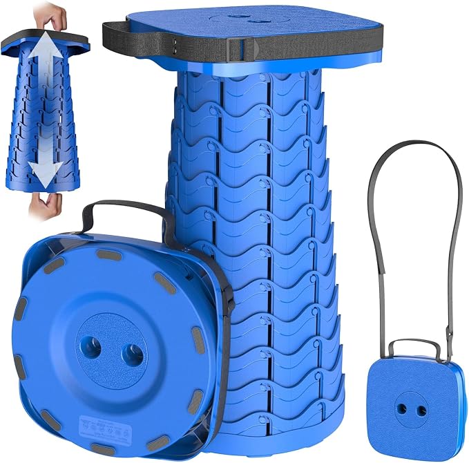 2026 Upgraded Collapsible Stool, Portable Folding Stool, Telescoping Camping Stool with Max Load Capacity 485lbs, Square Retractable Seat for Camping Gardening Fishing Hiking BBQ [Blue]