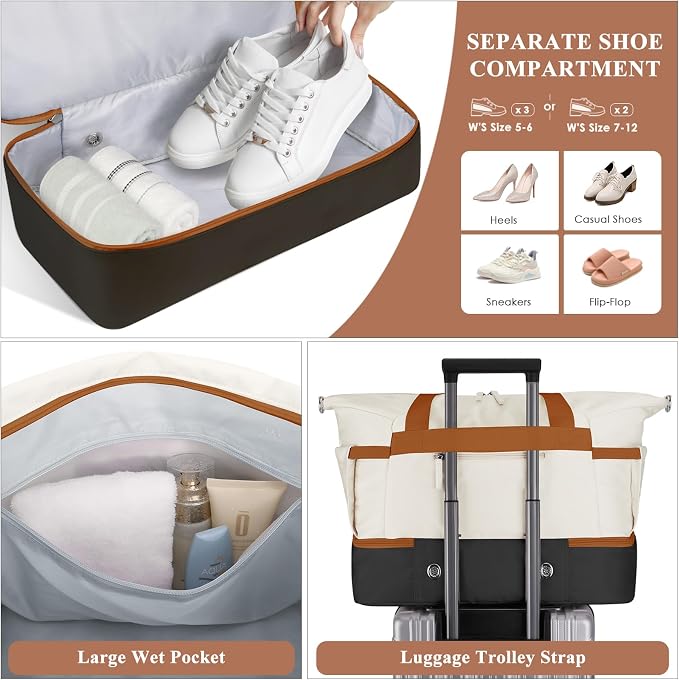 Gym Bag for Women, 45L Carry On Travel Duffel Bag with Shoes Compartment, Weekender Overnight Bag with Wet Pocket for Women, Travel, Gym, Weekend, Large Size