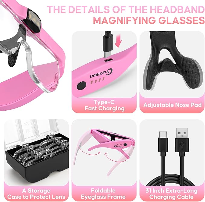Magnifying Glass with Light, 1.5X-5.0X Magnifying Glasses 4 Lenses | Detachable,Light Weight Acrylic Lens, Rechargeable, Adjustable Magnifier Headset, Magnify Glasses for Close Work Crafts Hobby