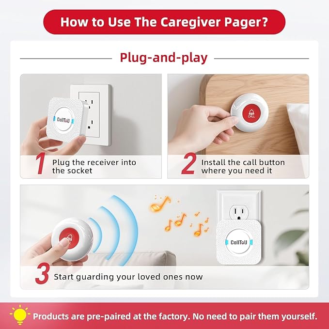 CallToU Caregiver Pager Wireless Call Button Nurse Alert System 500+ Feet for Home/Elderly/Patient/Disabled 1 Plugin Receiver 3 Waterproof Transmitters