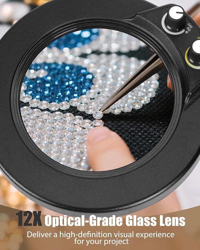 LANCOSC 12X Magnifying Glass with Light and Stand, Real Glass Lens, Switch Knob for Multi-Color Modes Dimmable, LED Lighted Desk Lamp & Clamp, Hands Free Magnifier for Repair Craft Painting Close Work