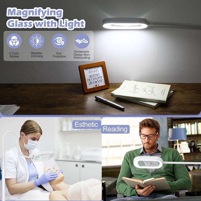 Drdefi 10X Rectangular Real Glass Magnifying Glass with Light and Stand, 24" Flexible Gooseneck Floor Lamp, 5 Color Modes Stepless Dimmable, 3-in-1 LED Lighted Magnifier Light for Reading Crafts White
