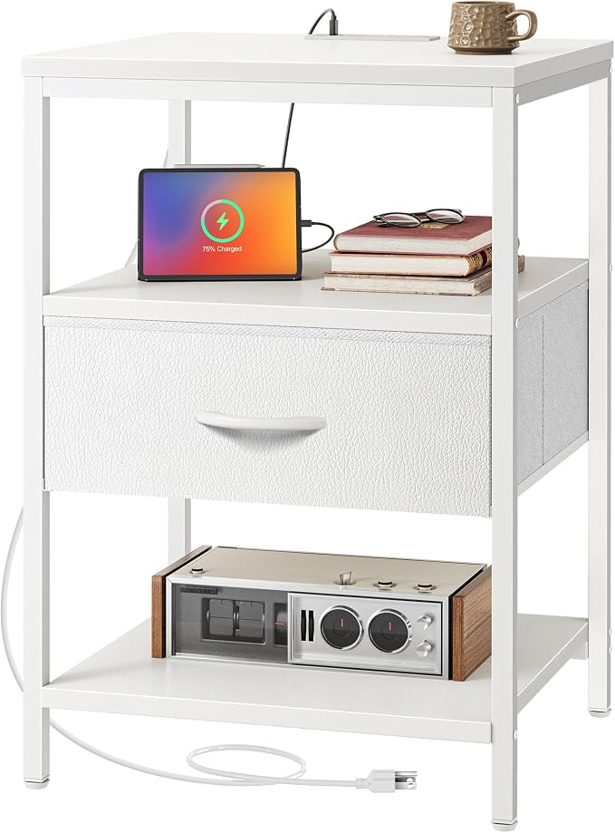 SUPERJARE Nightstand with Charging Station, USB-C Port, Bedside Table | 27.7 Inch Tall Nightstand with Adjustable Fabric Drawer, Large Dresser for Bedroom, Living Room, White