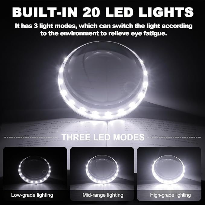 30X 40X Charge Magnifying Glass with Light, NUEYiO 4.33Inch Large Handheld Magnifying Glass 20 Daylight LEDs, Third Gear Dimming Lighted Magnifier for Seniors Reading Inspection Coin Jewelry- White