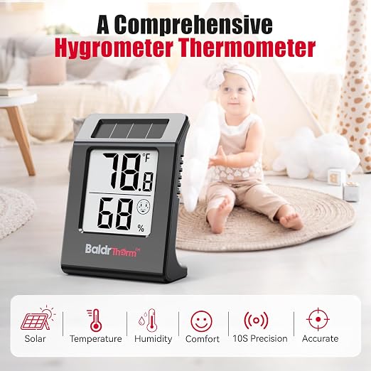 Digital Thermometer and Humidity Meter, Solar-Powered 2.2" Indoor Temperature Sensor Humidity Monitor, Humidity Gauge for Baby Rooms, Bedrooms, Home, Office, and Wine Cellars, Black, 3Pack