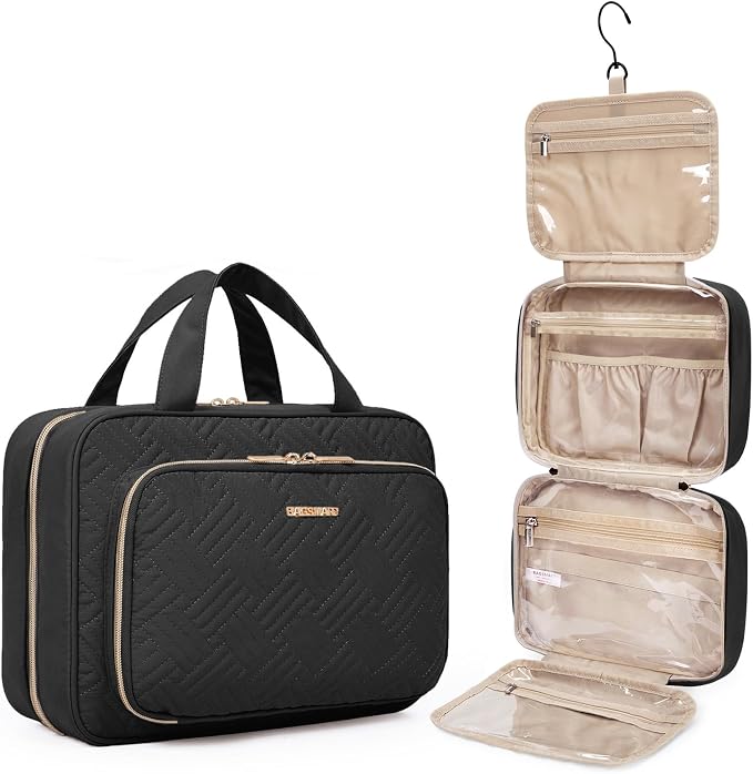 BAGSMART Toiletry Bag Hanging Travel Makeup Organizer with TSA Approved Transparent Cosmetic Bag Makeup Bag for Full Sized Toiletries, Large-Blck