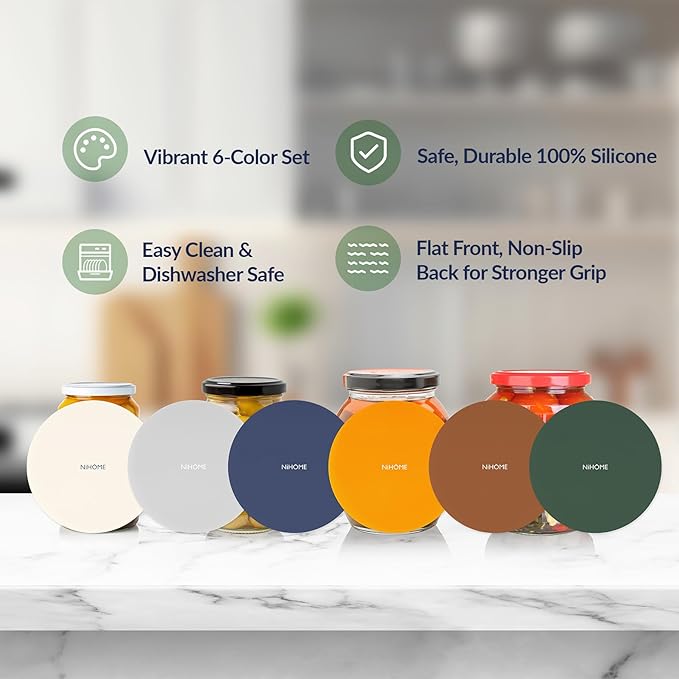 NIHOME Silicone Jar Opener – 6 Inch Large Anti-Slip Grip Pads, Premium 100% Food-Grade Silicone, Stylish Designer Colors, Multi-Purpose Heat-Resistant Mat & Coaster, Set of 6 (Vintage Colors)