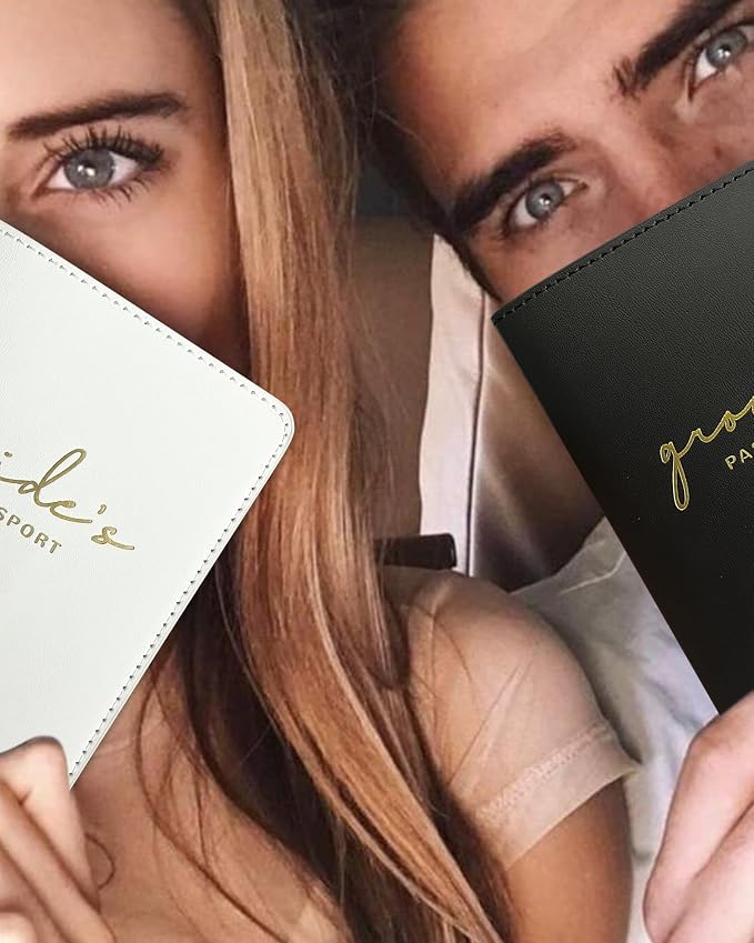 HubbyWifeyGifts Bride and Groom Passport Covers, Matching Passport Holder for Couples, Honeymoon Essentials for Travel, Engagement Gifts for Couples