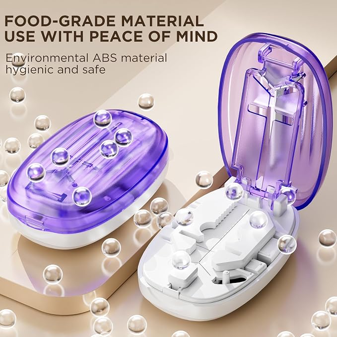 Pill Cutter Splitter for Small and Tiny Pills, 1/2 1/4 Pill Splitter for Small Pills,Tablets in Half or Quarters, Accurate and Easy Cutting, Stainless Steel Blade, Back Storage (Purple)