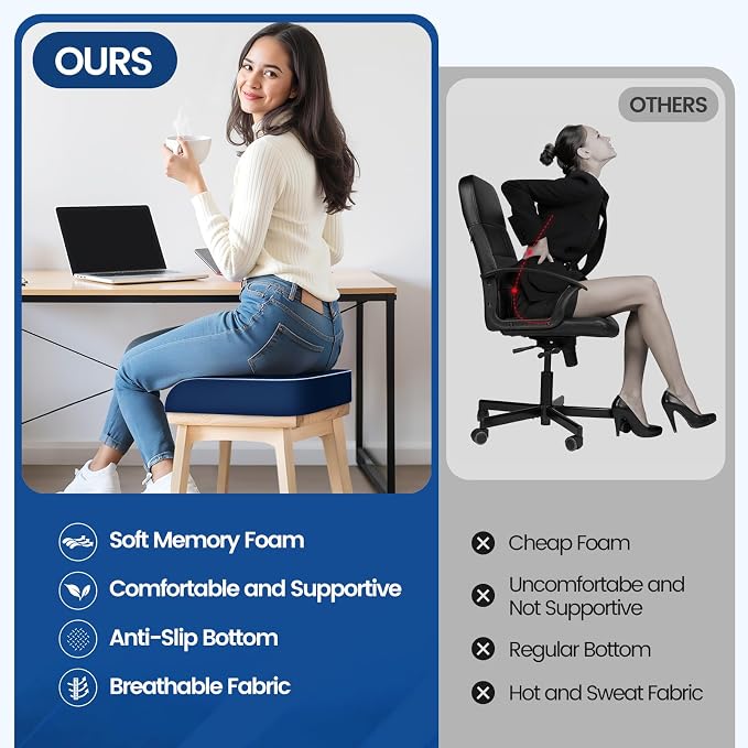 SweetSlubr Seat Cushion for Tailbone Pain Relief, Office Chair Cushion, Memory Foam Large Chair Pad with Non-Slip Cover for Soft Support at Office Chair, Car Seat, Airplane Drak Blue/2X-Large