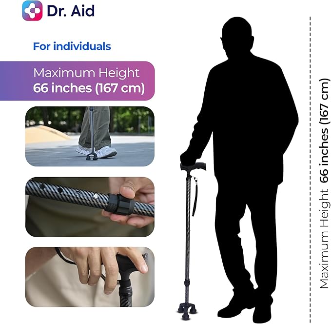 Dr. Aid Tripod and fourpod Walking Cane for Men & Women Premium Carbon Fiber Black Cane Adjustable Heavy-Duty 3 or 4-pronged Walking Stick for Seniors, Supports 400 lbs