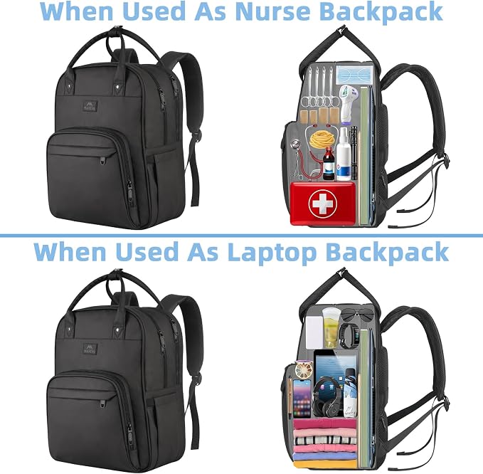 MATEIN Nurse Backpack, Nursing Medical Bag for Women Fits 15.6 Inch Laptop | Home Health Clinical Bag with Removable Organizer, Nurse Essentials, Nurse Work Backpack, Commute, Travel, Black