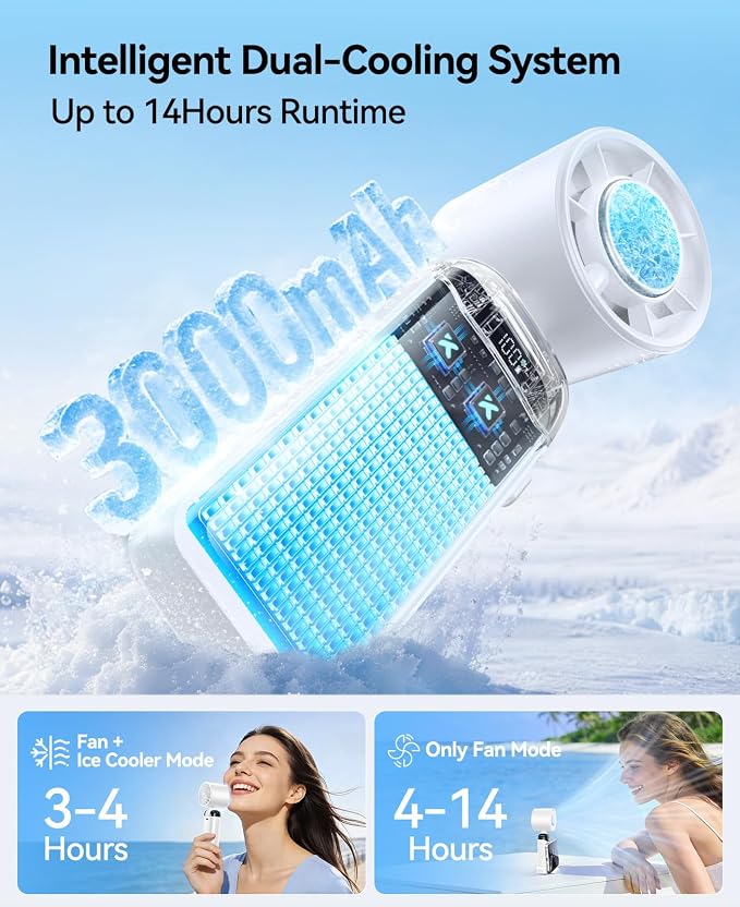 KIMMOO Handheld Portable Turbo Fan with Ice Cooler, Powerful 21000 RPM, Speed (1-199), Up to 14Hrs Cooling, Rechargeable Personal Fan, Small Pocket Hand Fans for Travel/Outdoor/Home/Office (White)
