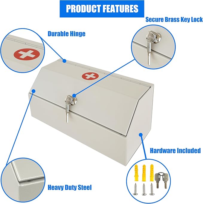 Lockable Medicine Storage Cabinet, Wall Mounted Steel Medicine Cabinet with Key Lock for Prescriptions, Vitamins, First Aid Supplies & Medical Storage