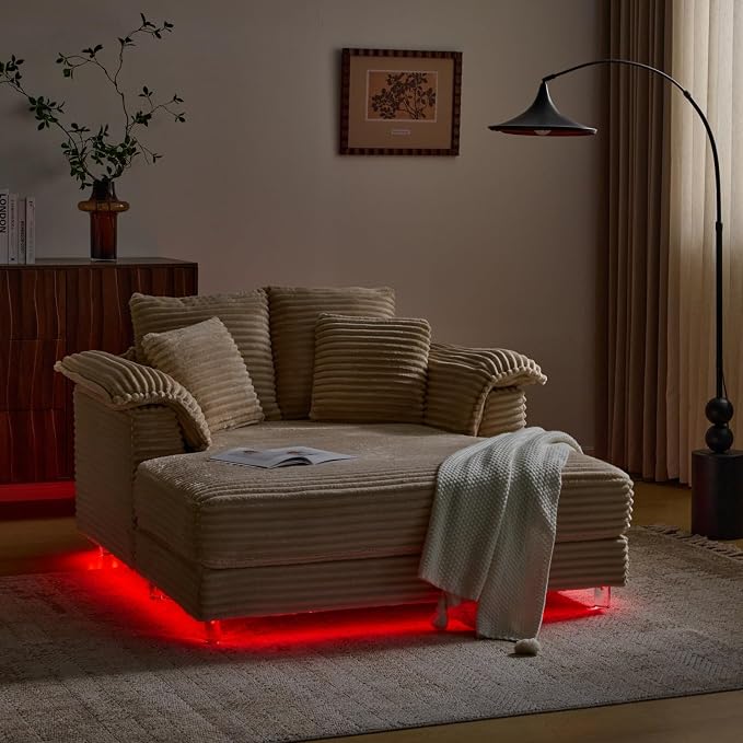 VINGLI Floating Chaise Lounge Chair with LED Light, Cloud Couch with Pillow Armrests, Acrylic Legs, High Density Foam Lounge Sofa, Modern Upholstered Chaise Chair for Living Room, Bedroom, Apartment