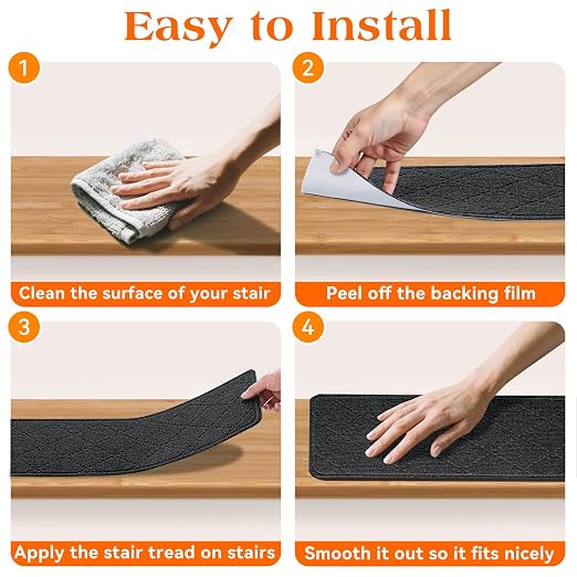 Stair Treads for Wooden Steps 15 PCS, Non Slip Rugs Dark Grey | 8x30in Self-adhesive Stair Runner Strips, Machine Washable, Indoor Carpet for Stairs, Stair Protection for Kids Pets Elderly