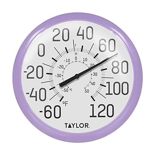 Taylor Big and Bold Wall Dial Thermometer, Indoor Outdoor Thermometer, Wireless Thermometer with Easy to Read Numbers for Patio, Pool, Garage and Indoor Areas, 13.25-inch, Lilac
