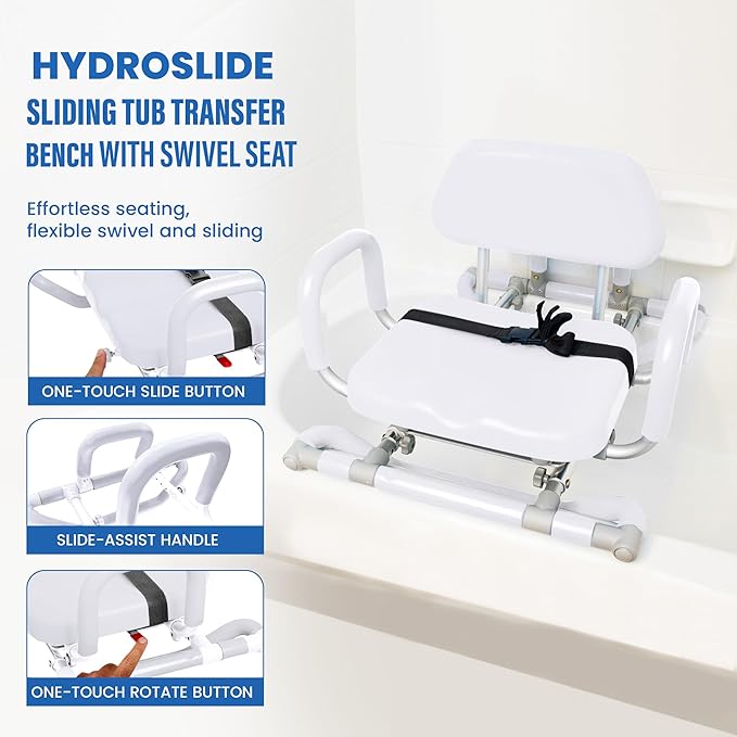 Platinum Health HydroSlide Sliding Shower Chair Swivel Seat for Bathtub, Soft, Padded with Industry-Exclusive, Patented Gap-Bridge Safety Feature. Padded Armrests. Ideal for Elderly and Seniors