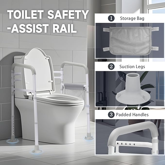 Toilet Safety Rails-Adjustable Toilet Safety Frame, FoldableTtoilet Support Rails with Handles, Heavy Duty Toilet Handles for Elderly, Seniors, Handicap & Disabled-Fits Most Toilets
