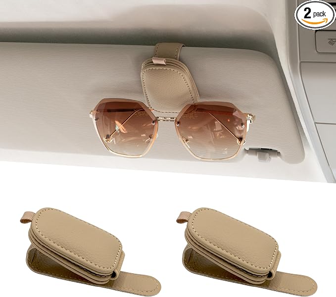 Yuoyar Magnetic Leather Sunglasses Holder for Car, 2 Packs (Beige) | Magnetic Car Visor Accessories