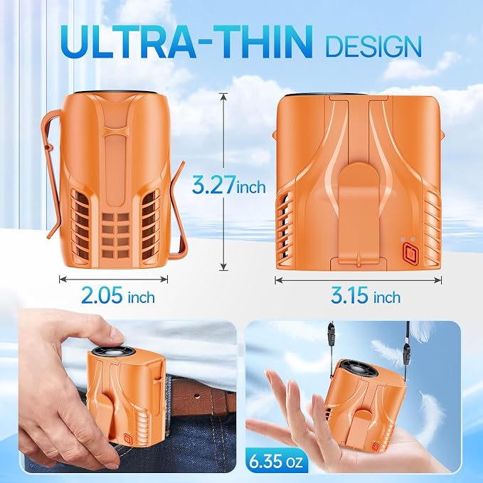 Portable Personal Waist Fan& Neck Fan, 14000RPM Brushless Motor, 40H Runtime Rechargeable, 6-Speed Quiet Operation, Clip-On Personal Body Cooling for Camping/Worksites/Outdoor