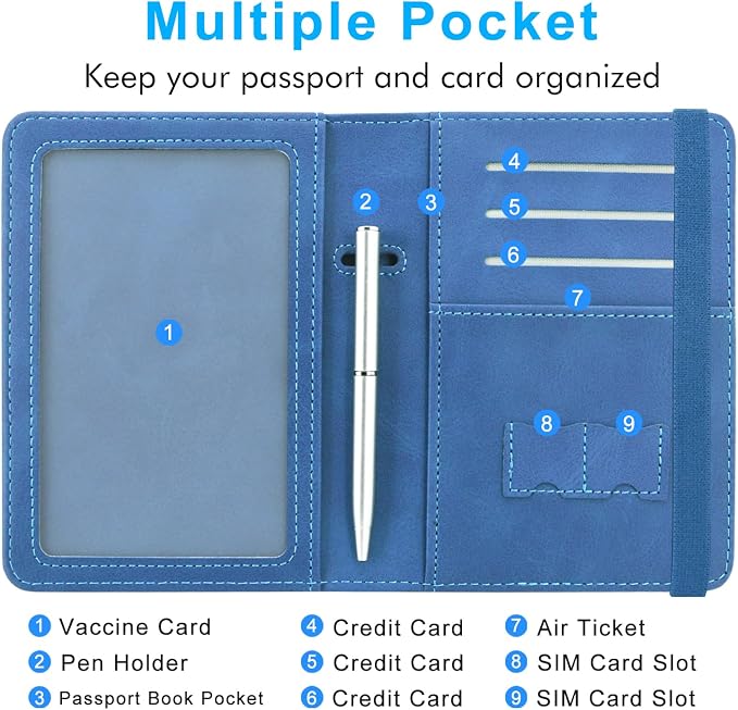 ACdream Passport and Vaccine Card Holder Combo, Cover Case with CDC Vaccination Card Slot, Leather Travel Documents Organizer Protector, with RFID Blocking, for Women and Men, C - Light Blue,