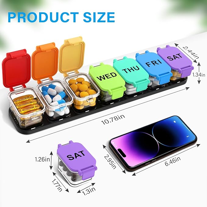 Extra Large Weekly Pill Organizer 7 Day - Portable Daily Pill Box with 7 Detachable Compartments, Vitamin Holder and Medicine Organizer for Supplements, Home and Travel, Rainbow