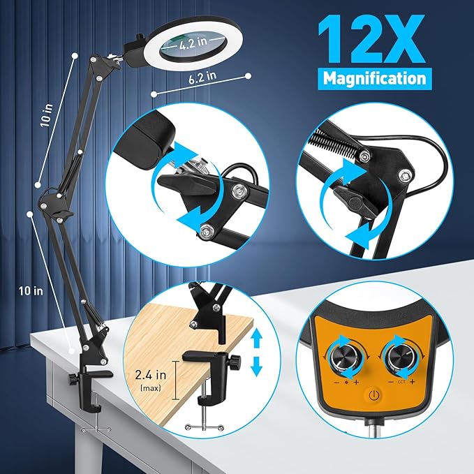 KIRKAS 12X Magnifying Glass with Light and Stand, Any Color Modes & Stepless Brightness LED Magnifying Lamp with Clamp, 2-in-1Hands Free Magnifier Desk Lamp for Repair Painting Crafts-Knob Yellow