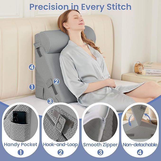 Sasttie Wedge Pillow Set for After Surgery, 2PCS Adjustable Bed Wedge Pillow Headboard with Memory Foam Neck Cushion – for Acid Reflux, Sleeping, Neck & Back Support, Dark Grey