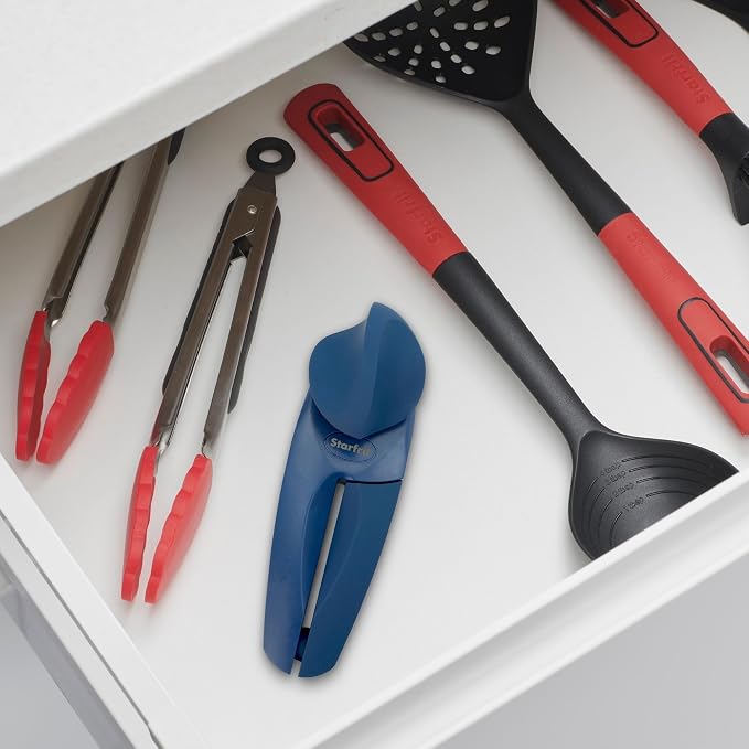 Starfrit MightiCan Can Opener, Safe Smooth-Cut, Comfort Grip, Blue | Safe can opener. Holds lid after cutting. No sharp edges. Comfort grip. Non-slip knob. 3-year warranty.