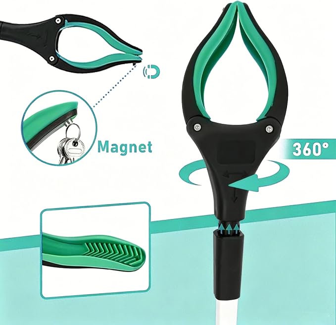 43" Extra Long Reacher Grabber Tool, Foldable, with 360° Rotating Jaw and Magnet, Trash Claw Pickup Tool for Seniors, Green