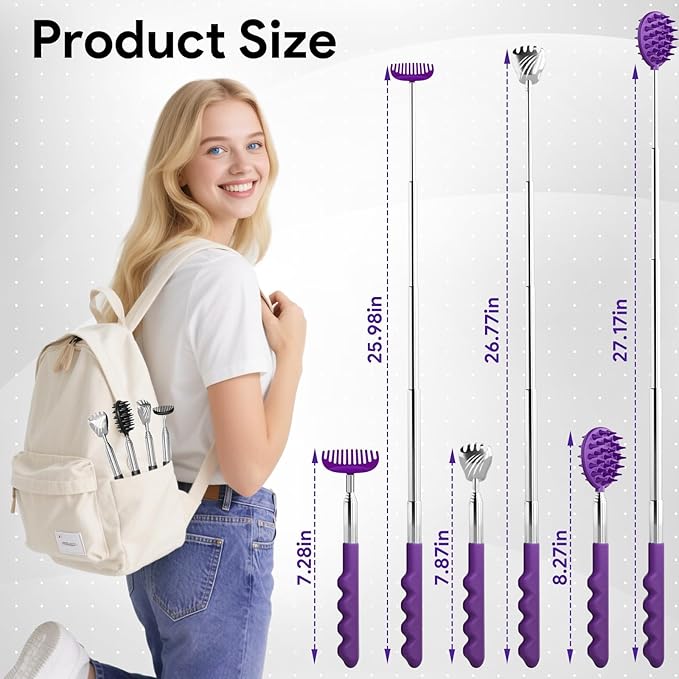Gumry Versatile Back Scratcher, Valentines Day Gifts for Him, Birthday Gifts for Men, Women, Him, Her, Dad, Portable Telescoping with Different Heads and Rubber Handle - Purple