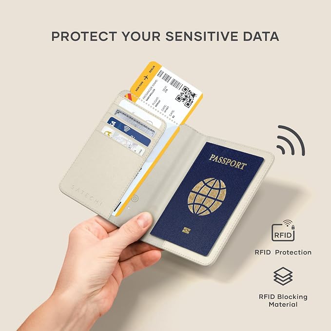 Satechi Passport Holder with Find My Tracking, 4-Slot Card Wallet, Sand | 4-slot card wallet, wireless charging, RFID protection, vegan leather