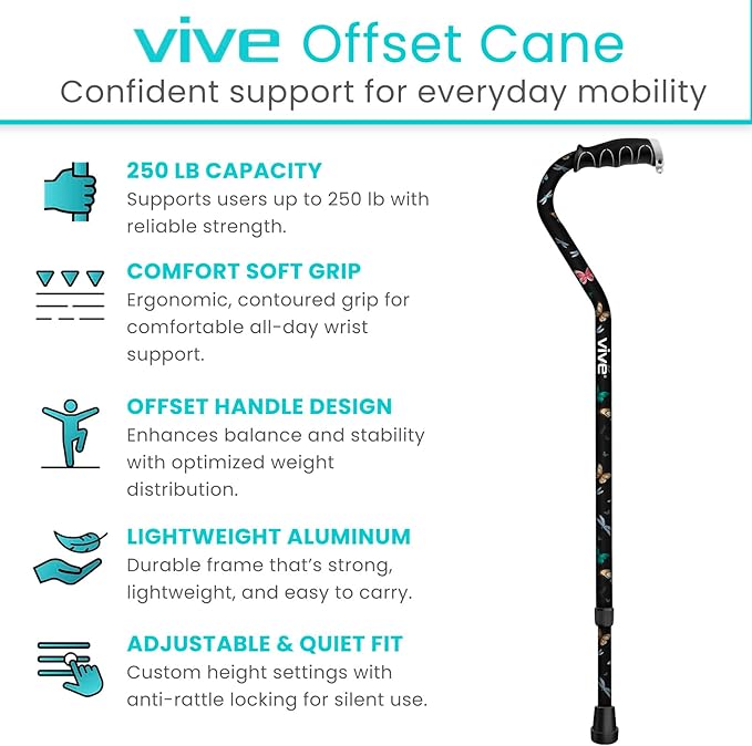 Vive Walking Cane for Women, Men, Elderly - Patented Offset Grip - Lightweight Adjustable Walking Aid with a Non-Slip Tip - Sturdy Balancing Mobility Aid for Seniors