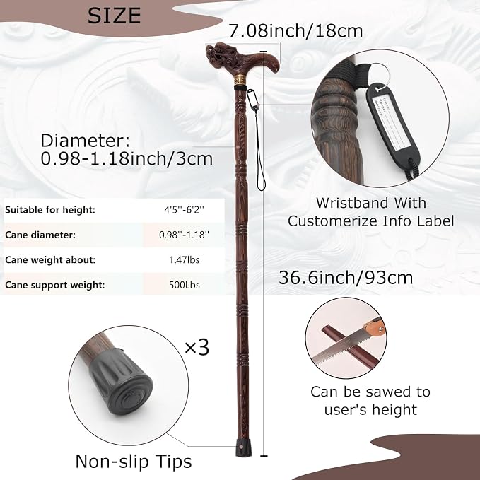 Wooden Walking Canes for Men and Women, Natural Rosewood Walking Sticks for Senior Support, Up to 500 Lbs Walking Stick, Heavy-Duty Walking Cane for Men, Suitable for Gift