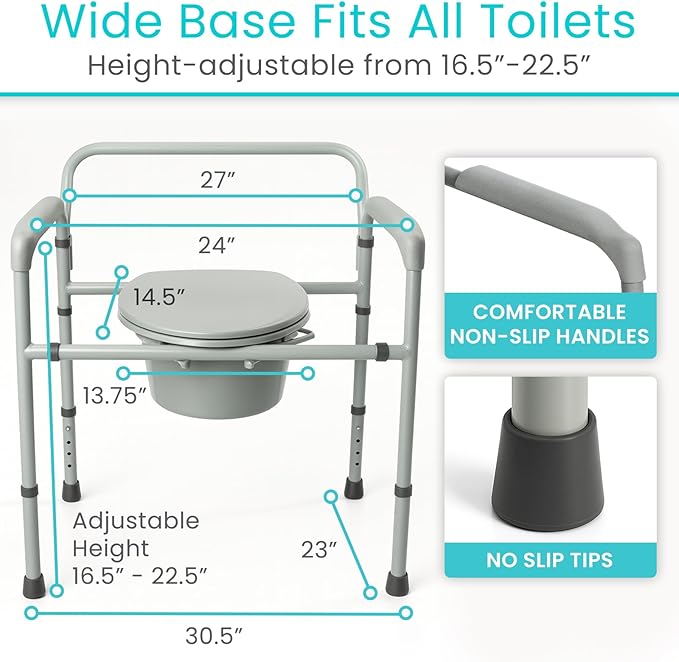 Vive Bariatric Bedside 3-in-1 Commode 500 lb Capacity - Portable Folding Toilet Chair - Adjustable Height, Extra Wide Seat - Bucket Splash Guard Heavy Duty Adult Bathroom, Pail Fits Standard Liner Bag