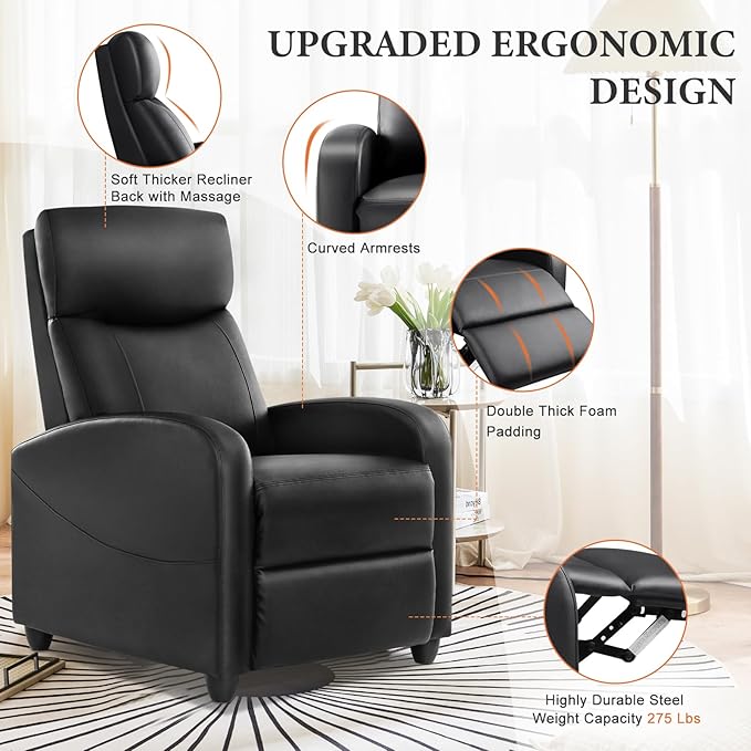 Sweetcrispy Massage Recliner Chair for Adults, Adjustable Home Theater Seating with Lumbar Support for Living Room, Modern Fabric Reclining for Small Space, Black