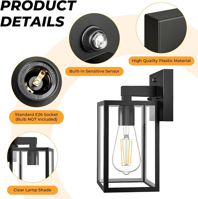 2 Pack Dusk to Dawn Outdoor Wall Light Fixtures, Exterior Porch Light, Waterproof Wall Sconces Lanterns, Sensor Lighting Wall Mount for House Doorway Garage, Black