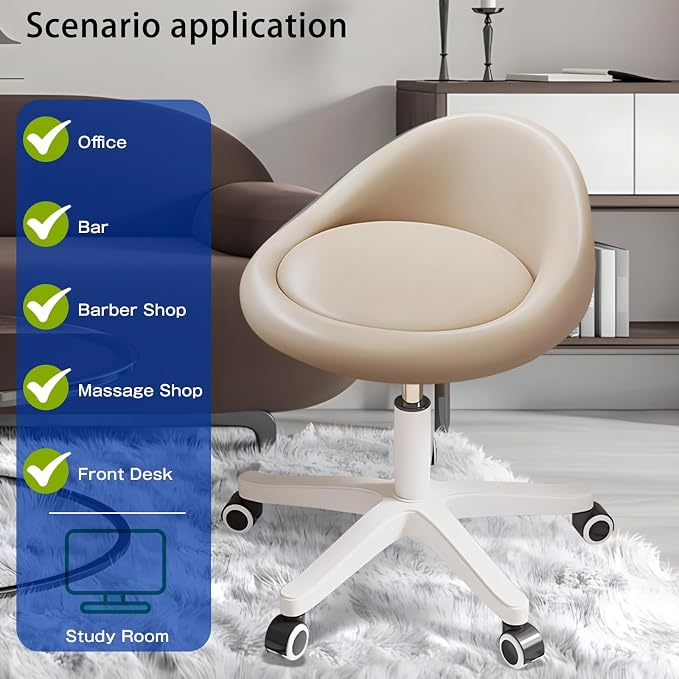 Rolling Stool – Ergonomic Swivel Seat, Adjustable Height, Ultra-Quiet Wheels, Padded PU Leather Cushion, for Salon, Office, Massage & Medical Use Khaki