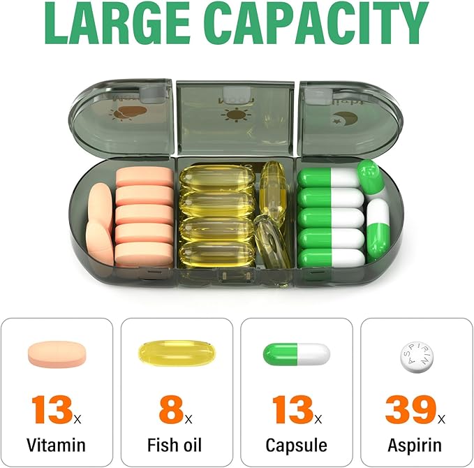 Weekly Pill Organizer 3X a Day, 7 Day Pill Box 3 Times, Portable for Travel Pill Case for Pills/Vitamin/Fish Oil/Medication/Supplements (3x7 Black)