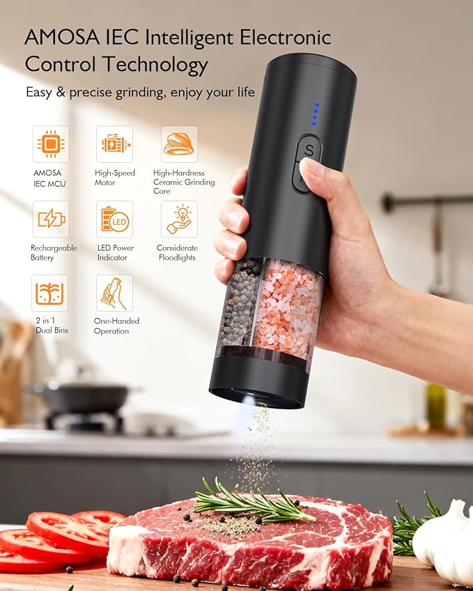 Electric Salt and Pepper Grinder Set, 2 in 1 Dual Bins USB Rechargeable Refillable Automatic Salt and Pepper Mill Shaker with LED Light, Dual Ceramic Grinder Adjustable Coarseness, kitchen gift, Black