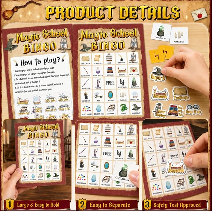 39Pcs Magic School Theme Party Bingo Game for Adults 24 Players Magical Witch Owl Bingo Cards with Reward Stickers for Family Friend Student Large Group Activities Vintage Magical Theme Party Favors