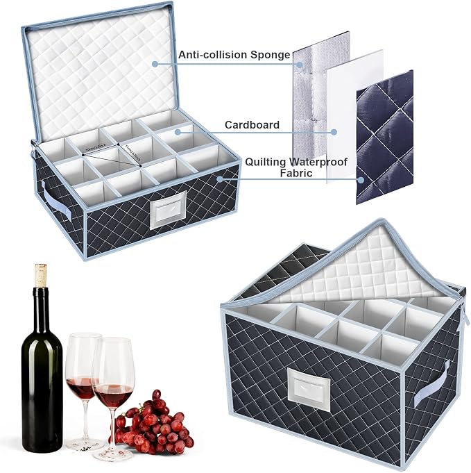 China Dinnerware Storage Containers Set- Dish,Mug,Stemware Storage Cases - Quilted Box Bins Stackable with Divider,handles,Clear Window for Cups,Plates,Wine Glasses Moving Set of 6 (Grey