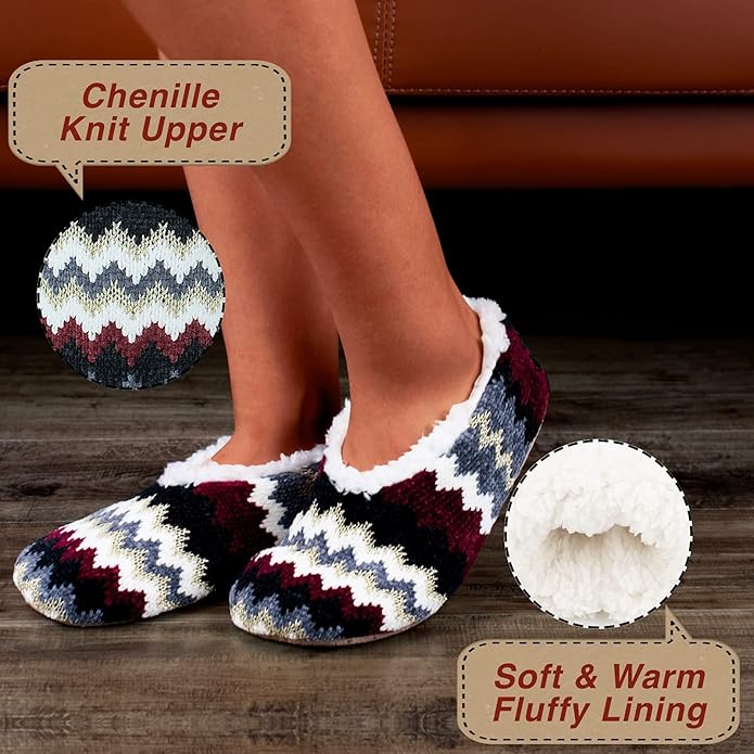 cosyone1997 2-Pair Thick Warm Fuzzy Slippers for Women Indoor Fluffy Sherpa Lined, Winter House Shoe Socks Non-Slip Soft Soles, Cozy Christmas Gifts
