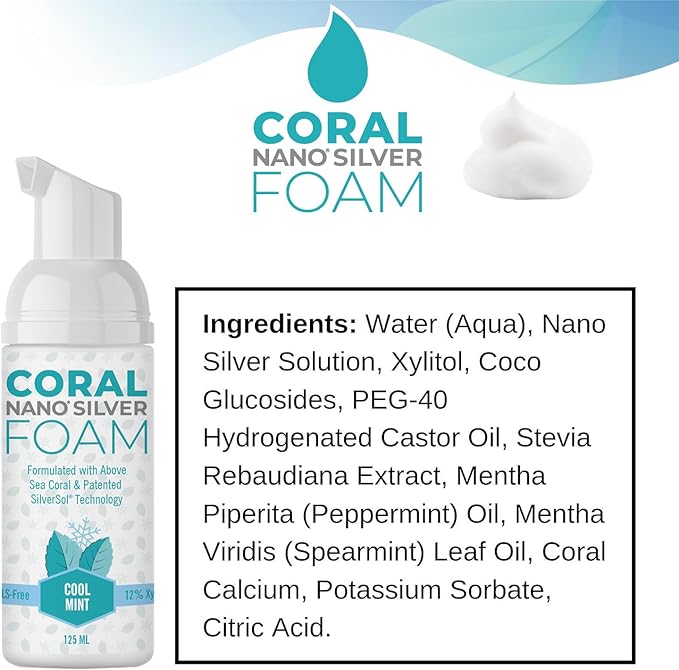 Coral Nano Silver Foaming Toothpaste – Fluoride Free Natural Remineralizing Tooth Foam – Whitening, SLS & Glycerin Free with Xylitol & Coral Calcium – Mint Flavor (4oz, 3-Month Supply)