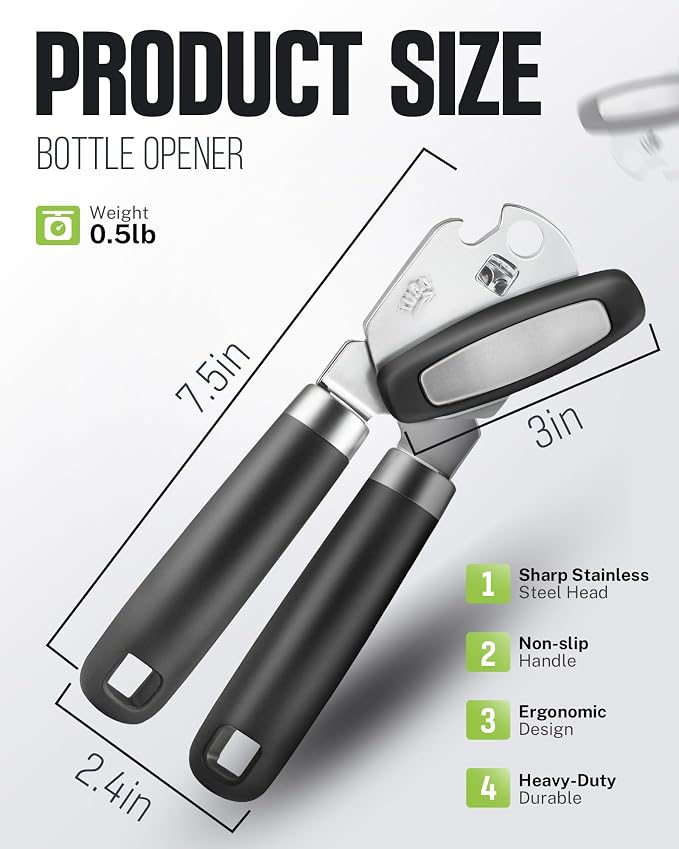 Multifunctional Can Opener Manual, Durable Heavy Duty Handheld Strong Can Opener with Smooth Cutting Edge, Friendly Kitchen Essentials Tool for Seniors, Camping and Bottle Opening-Black
