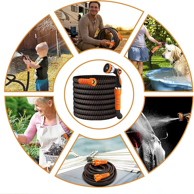 10FT Lightweight Garden Hose,Flexible Water Hose,Kink-Free,Leak-Proof,Swivel Handle Non-Slip,All-Weather 3/4 in. Lead-in Hose for RV,Boat,Car Wash,Garden,Yard,Camper,Outdoor (Orange-Black,10 Ft)