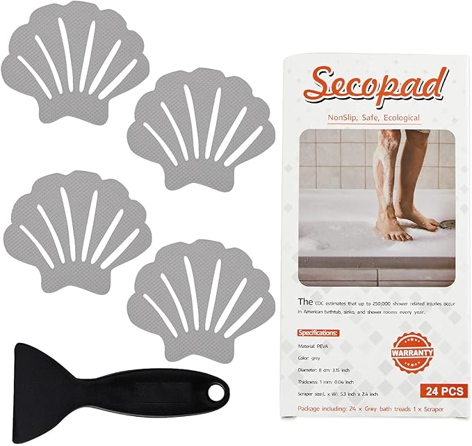 Non-Slip Bathtub Stickers, 24 PCS Shell Safety Bathroom Tubs Showers Treads Adhesive Decals Scraper (Gray)